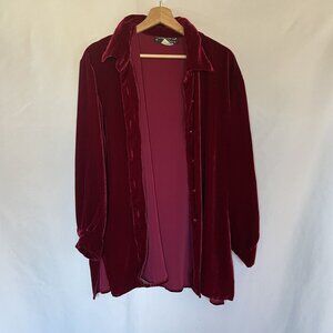 Hampton Nites red rayon silk women's large long button down velvet style shirt